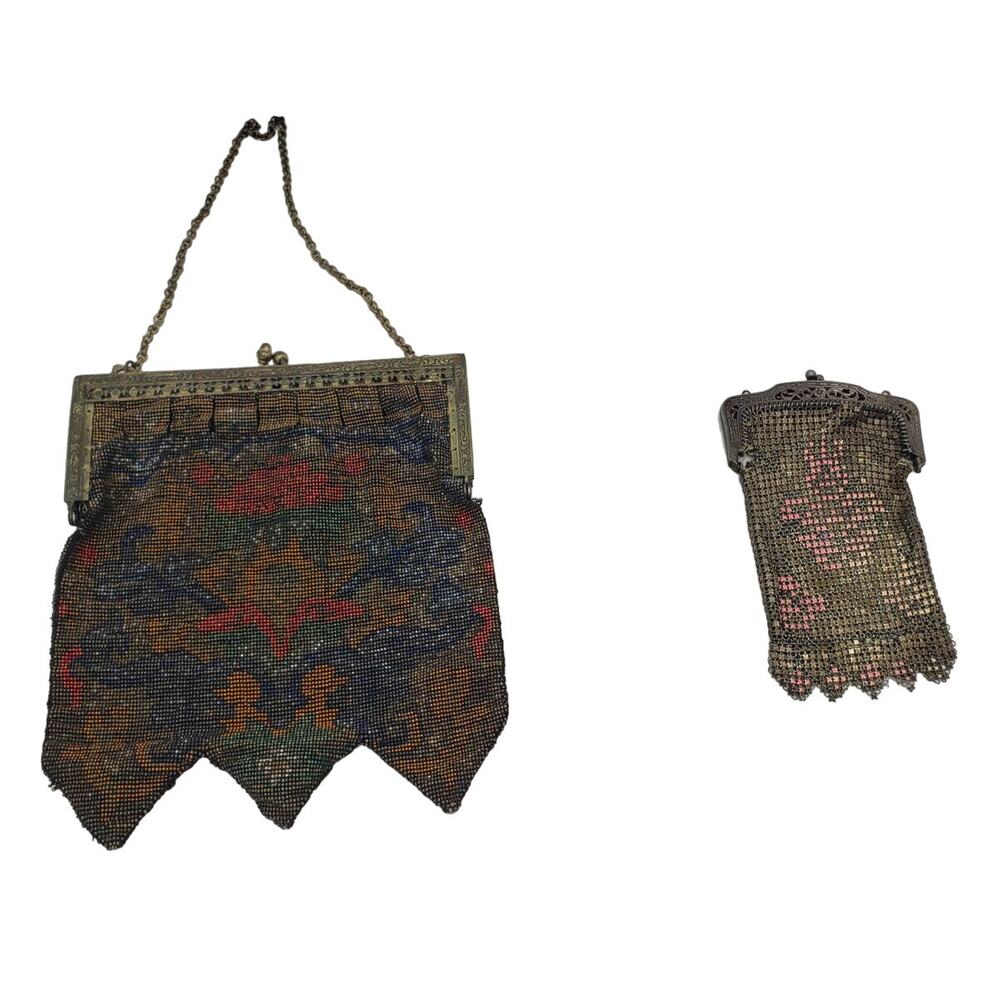Antique 1920s Art Deco Enamel Metal Mesh Purses Lot of 2 Flapper Handbags